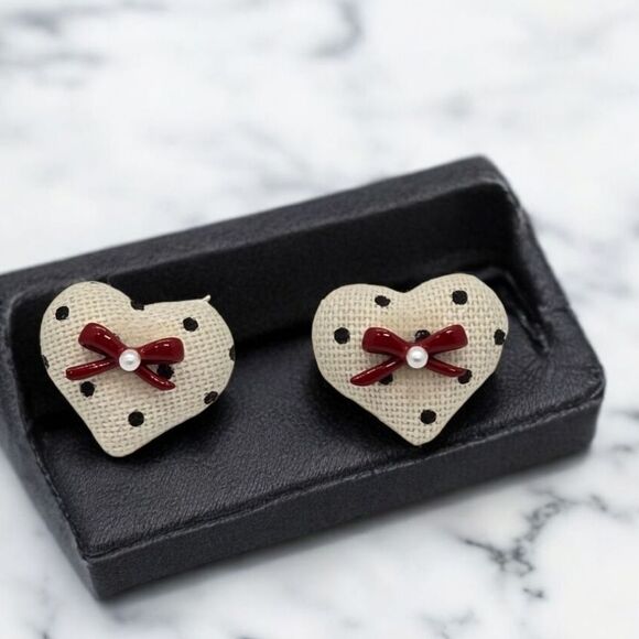 Polka-Dot Heart-Shaped Earrings Red Bow Puffed Fabric Retro Women's Jewelry New - Picture 8 of 8